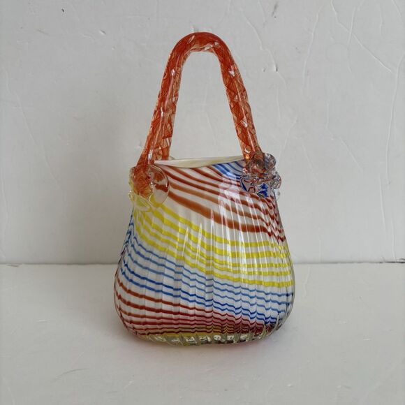Natalie Handbag Block Crystal Purse Vase Hand Cut Mouth Blown Striped Glass 8" - Picture 2 of 9
